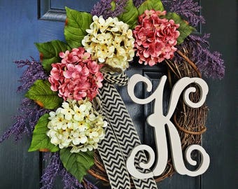 Summer Pink and Purple Hydrangea Wreath, Spring Wreath, Summer Wreath, Vine Letter Wreath, Summer Door Decor, Front Porch Decor