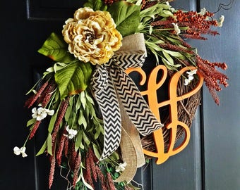 The New Grand Fall Wreath With Vine Letter, Wreath for Thanksgiving, Chevron Burlap, Autumn Wreath, Fall Monogram Wreath, Fall Door Decor