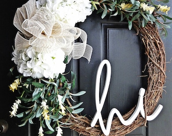 Extra Large Welcome Wreath, Summer Wreath, Olive Branch Wreath, 24 Inch Wreath, Hi Sign, Wreath with Hi Sign, Porch Wreath, Front Door