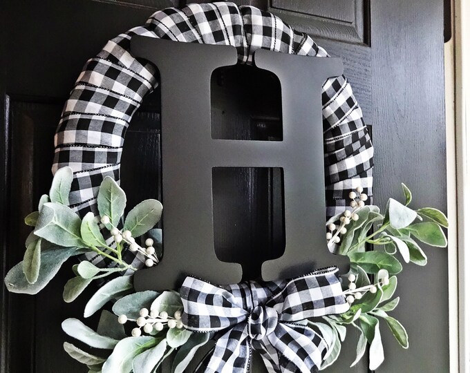Buffalo Plaid Wreath, White and Black Wreath, Lambs Ear Wreath