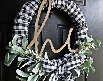 hi Buffalo Plaid Wreath, White and Black Wreath, Lambs Ear Wreath, welcome, Winter Wreath, Everyday Wreath, Buffalo Check, Spring Wreath