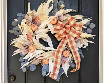 Fall Beauty Wreath, pumpkin wreath, autumn wreath, Halloween wreath, orange and black, corn husk wreath, fall door decor, fall porch