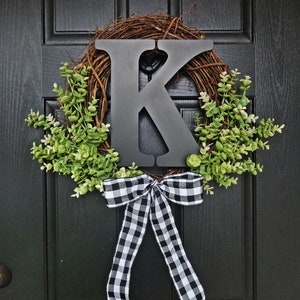 Eucalyptus Summer Wreath, Buffalo Check Ribbon, Black letter Wreath, Black and White Wreath, Spring Wreath, All Seasons Wreath