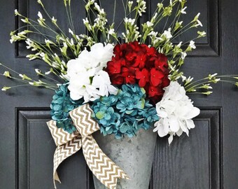 Patriotic Wreath, Memorial Day Wreath, Galvanized Metal Bucket Door Hanger, Fourth of July Decor, Red White and Blue, Summer Door