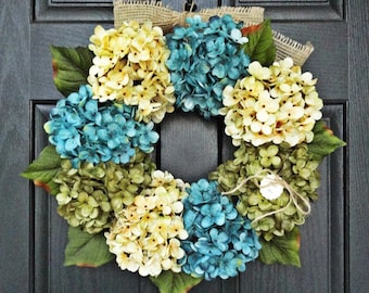 Small Yet Full, Customizeable Hydrangea Door Wreath for Spring and Summer, 18" Wreath With Blue Green and Cream Hydrangeas, With Burlap Bow