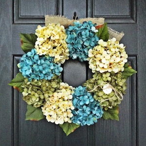 Small Yet Full, Customizeable Hydrangea Door Wreath for Spring and Summer, 18" Wreath With Blue Green and Cream Hydrangeas, With Burlap Bow