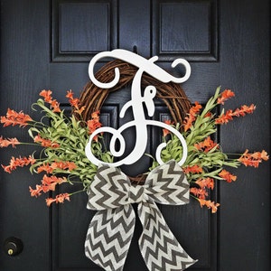 Welcome Spring, Hello Summer, Let's Get Married Wreath, With White Vine Monogram, Orange Flower Wreath, Peach Flower Wreath, Coral Wreath