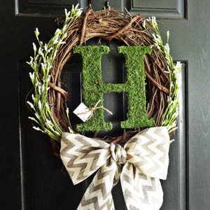 Chevron Burlap, White Wildflower Buds, and Moss Monogram Wreath for Spring and Summer or Wedding