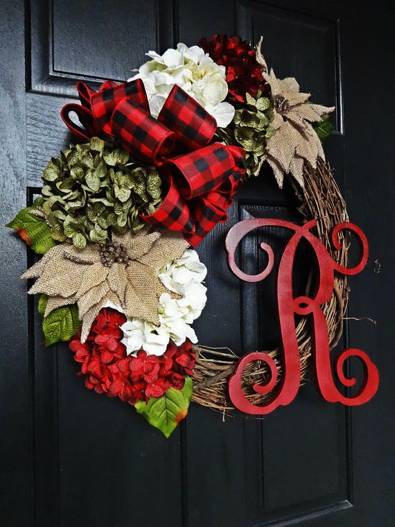 The Lovely Red Rustic Christmas Wreath, Red Check Winter Wreath, Poinsettia and Hydrangea Wreath, Holiday Wreath, Burlap Flower Wreath