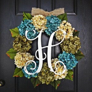 Large, Full, Customizeable Hydrangea Door Wreath for Spring and Summer, 24" Wreath With Vine Monogram