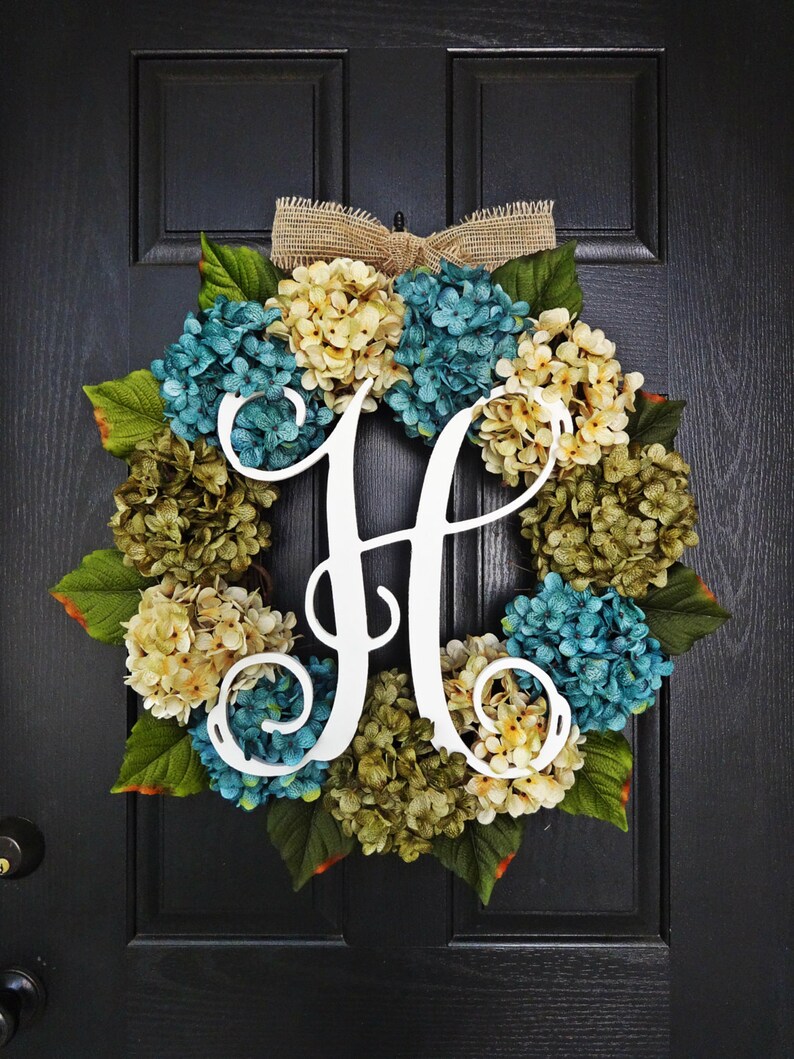 Large, Full, Customizeable Hydrangea Door Wreath for Spring and Summer, 24 Wreath With Vine Monogram image 1