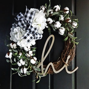 Buffalo Plaid and Cotton Wreath, Fall Wreath, Winter Wreath, Gift Wreath, Hi Sign, Olive Wreath, Hydrangea Wreath