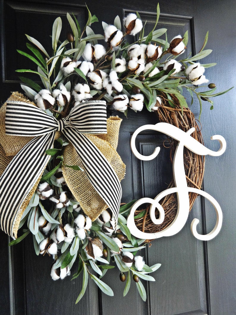 Burlap Wreath Monogram Wreath Cotton Wreath Summer Wreath Spring Wreath Full Cotton and Olive Branch Wreath Southern Wreath