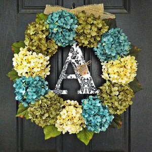Large, Full, Customizeable Hydrangea Door Wreath for Spring and Summer, 24 Wreath With Monogram image 3