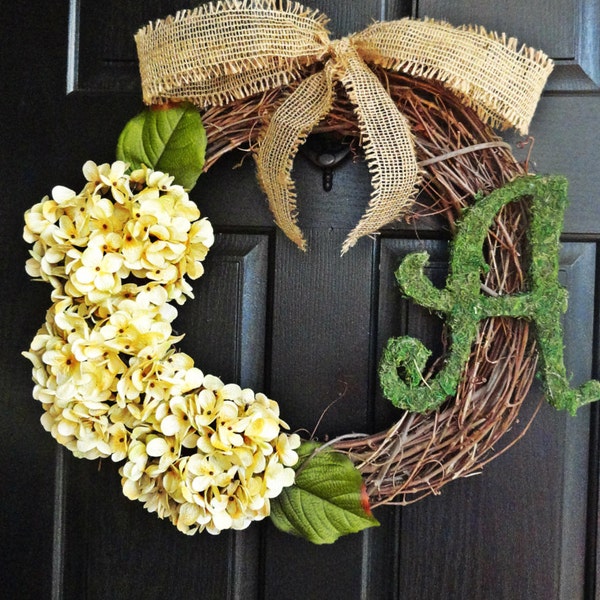 Antique White Hydrangea Wreath With Moss Monogram and Perfect Burlap Bow for Housewarming or Wedding