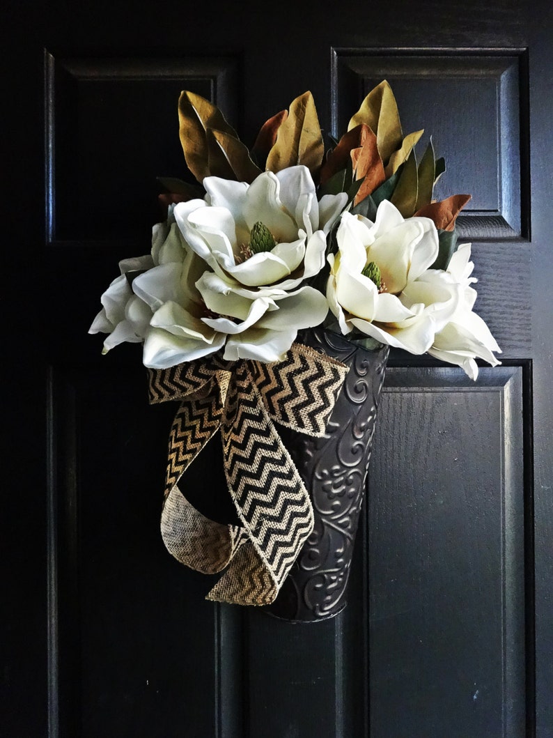 Magnolia Bucket Wreath Hanging Basket Wreath Burlap Magnolia Etsy