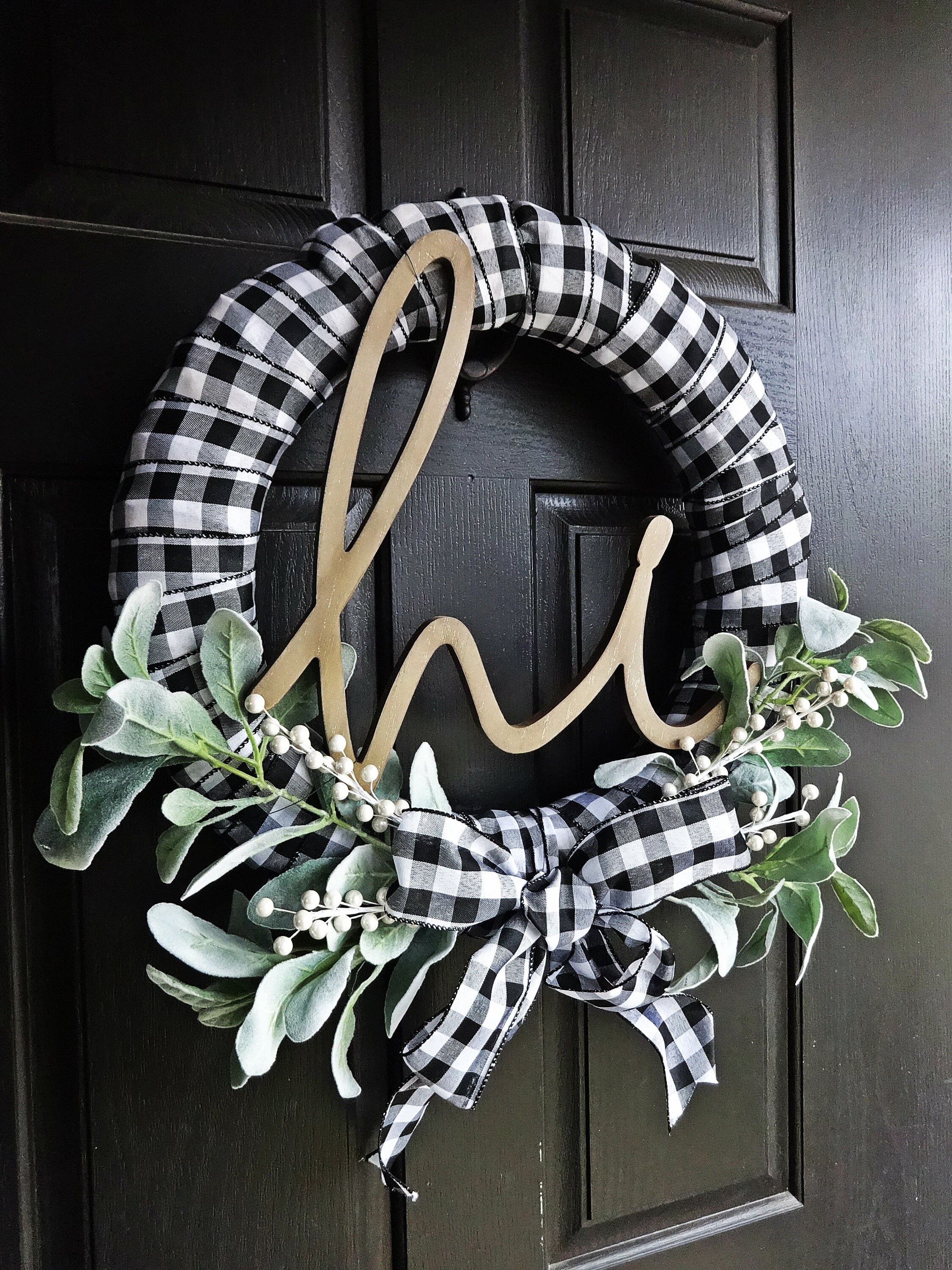 Salut Buffalo Plaid Wreath, White & Black Lambs Ear Bienvenue, Winter Everyday Check, Spring Wreath