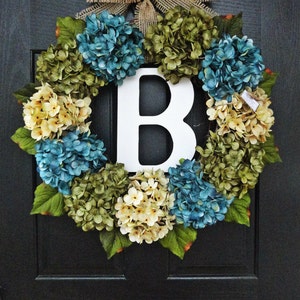 Large, Full, Customizeable Hydrangea Door Wreath for Spring and Summer, 24" Wreath With Monogram