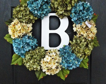 Large, Full, Customizeable Hydrangea Door Wreath for Spring and Summer, 24" Wreath With Monogram