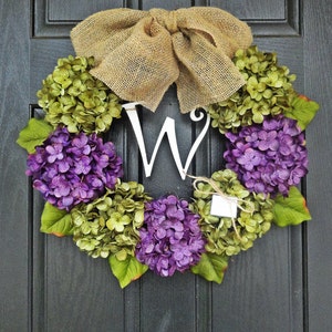 22" Year Round Green and Purple Hydrangea Wreath, Summer, Wreath, Fall Wreath, Spring Wreath, With Initial Monogram