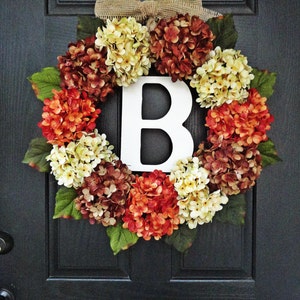 Large, Full, Customizeable Hydrangea Door Wreath for Fall, 24" Wreath With Monogram