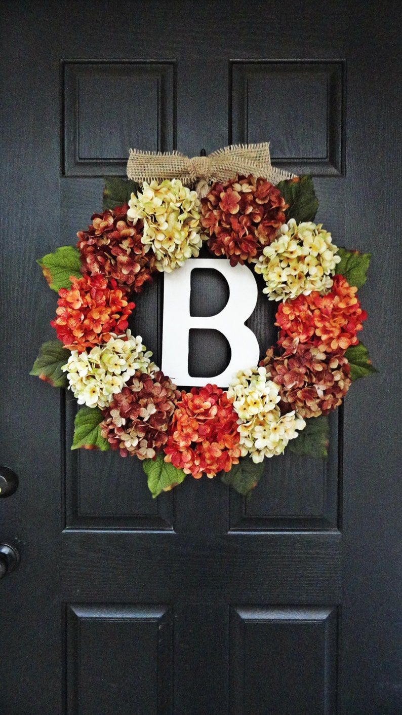 Large, Full, Customizeable Hydrangea Door Wreath for Fall, 24 Wreath With Monogram image 1