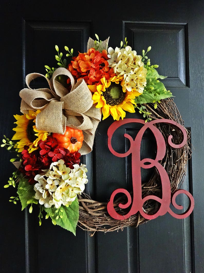The Red Felicity Fall Wreath, Autumn Wreath, Fall Wreath, Sunflower Wreath, Burlap Wreath, Monogram Wreath, Hydrangea Wreath, Thanksgiving image 1