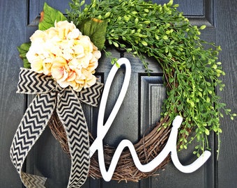 Welcome Wreath, Hi Wreath, Peach Hydrangea Wreath with Chevron Burlap Bow, Spring Burlap and Hydrangea Wreath, Spring Wreath, Summer Wreath