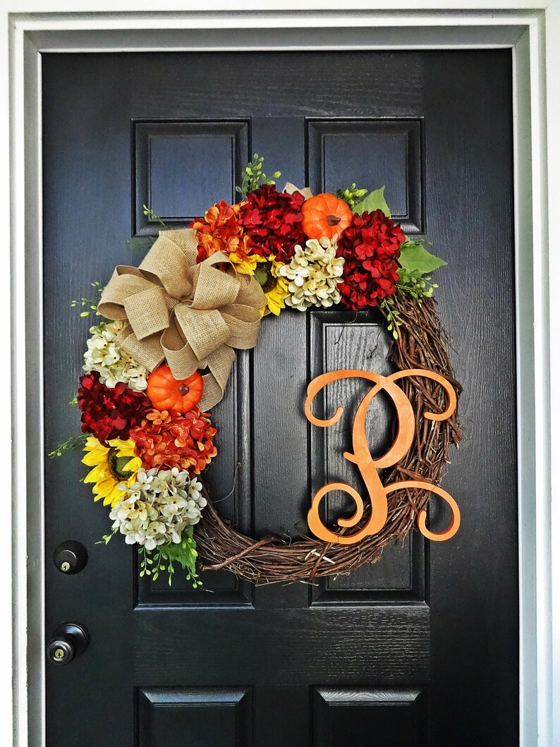 The Large 24 Orange Felicity Fall Wreath, Autumn Wreath, Sunflower Wreath, Burlap Wreath, Monogram Wreath, Hydrangea, Thanksgiving image 1