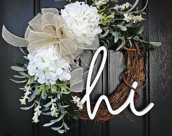 Welcome Wreath, Summer Wreath, Olive Branch Wreath, White Hydrangea Wreath, Hi Sign, Wreath with Hi Sign, Porch Wreath, Front Door