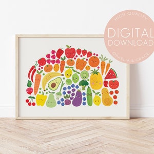 Puede incluir: Una ilustración colorida en forma de arcoíris de varias frutas y verduras con caras felices. La ilustración incluye fresas rojas, limones amarillos, aguacates verdes, berenjenas moradas y más.