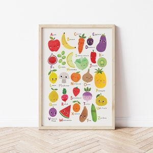 Fruit and Vegetable Alphabet Wall Art Poster Print, Cute Fruit and Veggies, Cute Fruit Poster, Cute Fruit & Vegetables A-Z Nursery Wall Art image 1