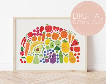 Eat the Rainbow imprimible, Rainbow of Foods, Happy Fruit and Vegetables, Cute Fruit & Vegetables Rainbow, Alimentación saludable, DESCARGA DIGITAL