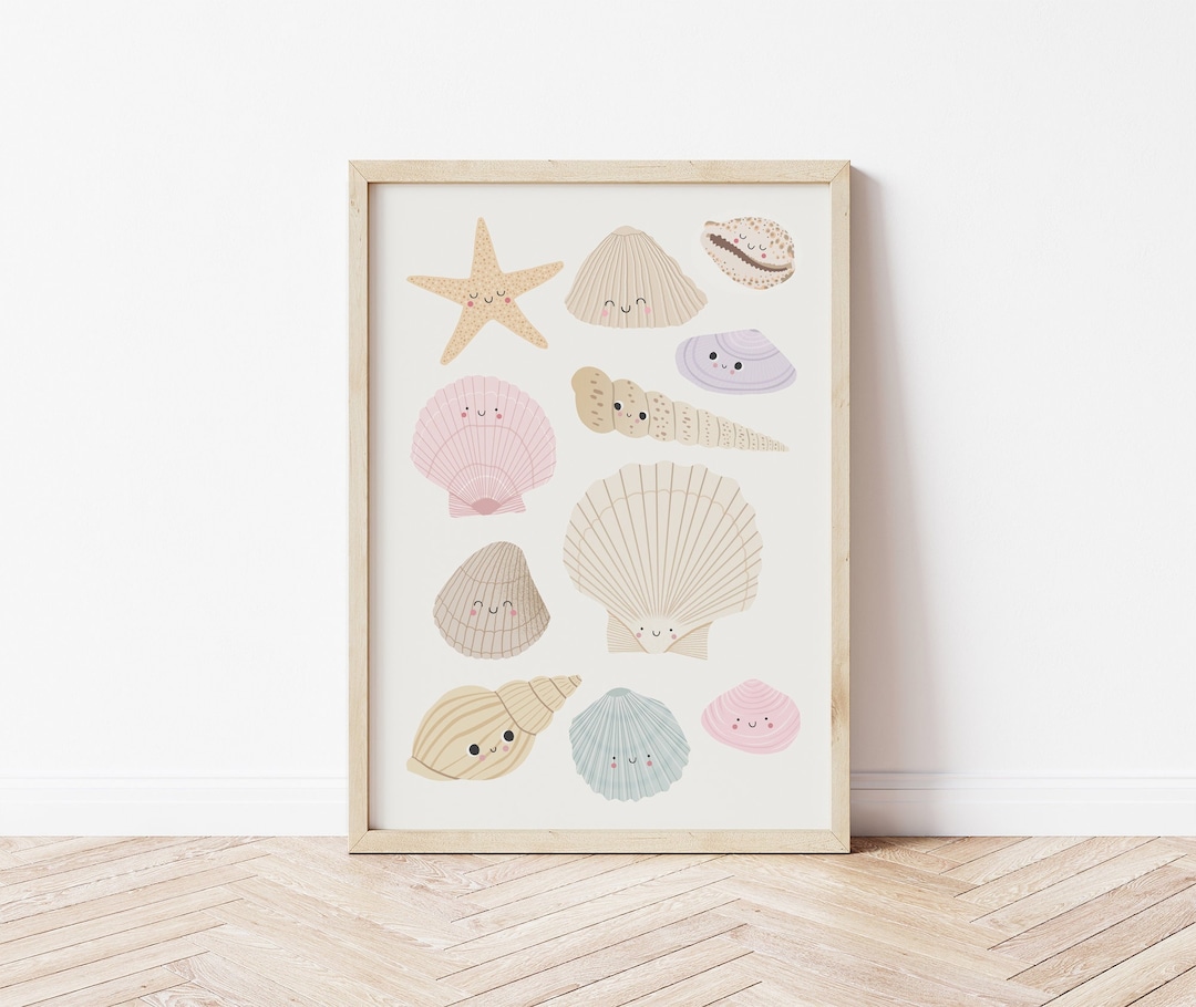 Cute Happy Shells Poster Wall Art Print, Ocean Under the Sea Beach ...