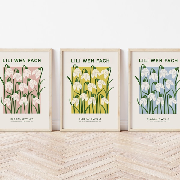 Lili Wen Fach Snowdrops Eirlys Poster Art Print, Blodau Gwyllt, Welsh Home Decor, Flower Market Poster Print