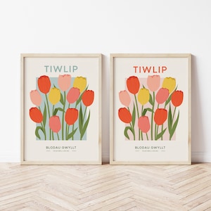 Tiwlip, Tulips Welsh Wall Art, Welsh Home Decor, Blodau Gwyllt, Tiwlip, Tulips Flower Market Poster