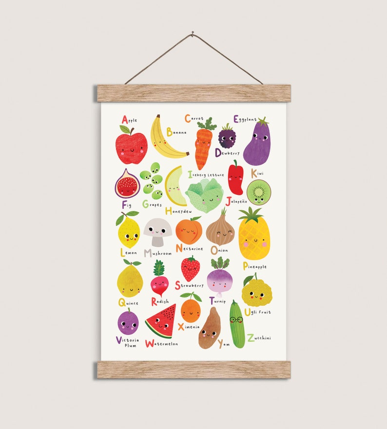 Fruit and Vegetable Alphabet Wall Art Poster Print, Cute Fruit and Veggies, Cute Fruit Poster, Cute Fruit & Vegetables A-Z Nursery Wall Art image 2