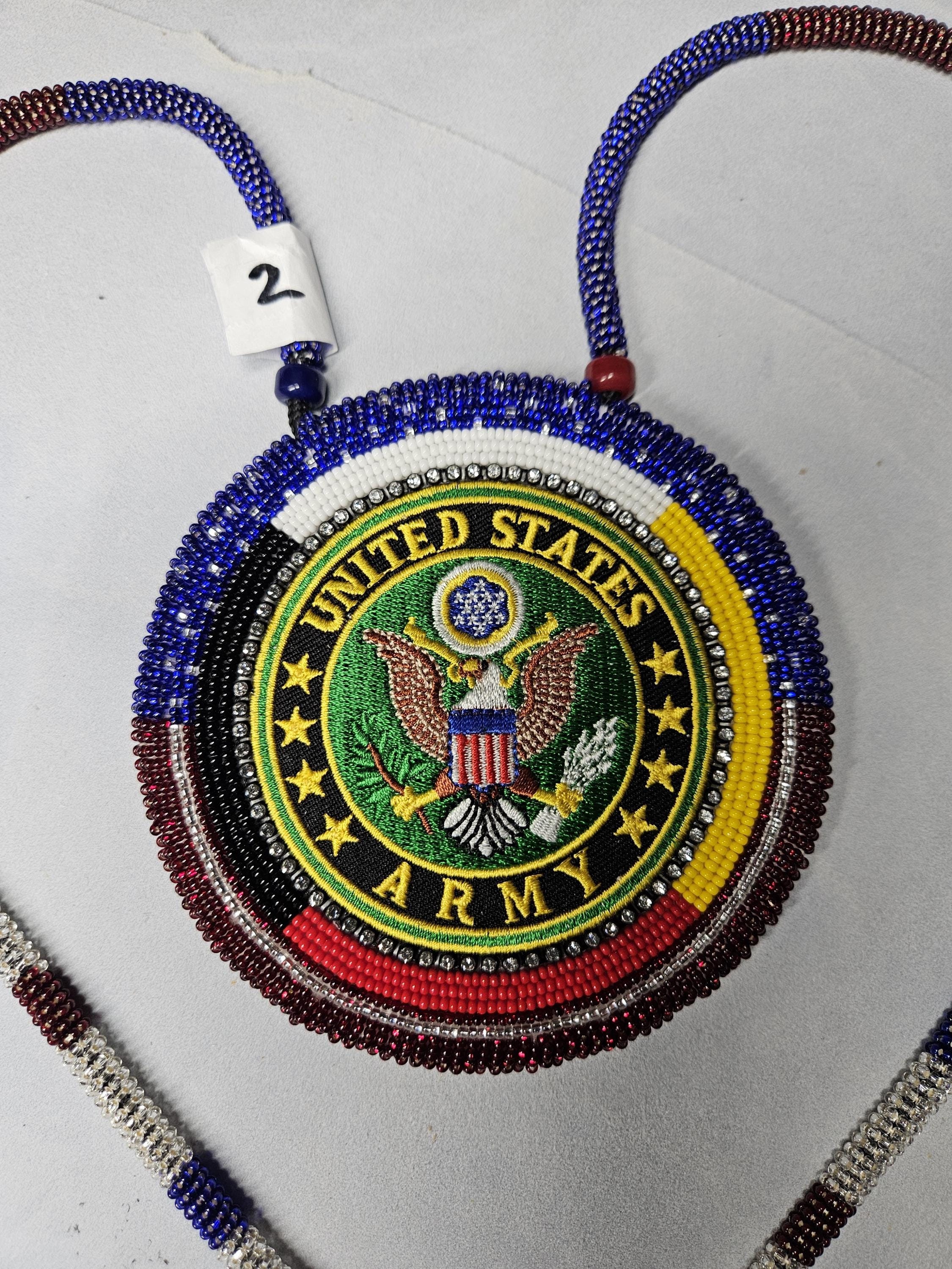 Native American Beaded Army Medallion Necklace Veteran Military