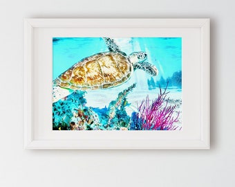 Sea Turtle Art Nature Animals Aqautic Ocean Painting Coastal Decor Nautical Art Photo Print, gift for surfer, gift for girlfriend