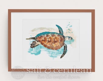 Sea Turtle Watercolor Painting: Coastal Nautical Art Print