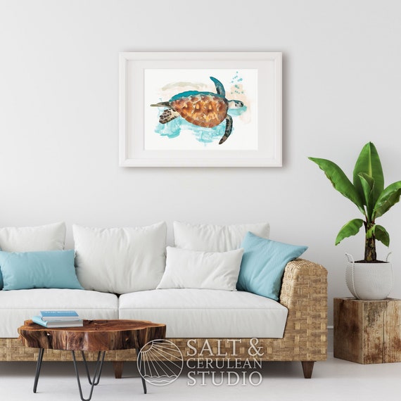 Sea Turtle Art Nature Animals Aqautic Ocean Painting Coastal | Etsy