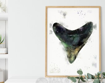 Stunning Watercolor Painting Shark Tooth Man Cave Art Print