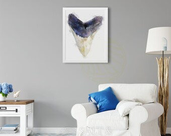 Watercolor Shark Tooth Painting Art Print, unique coastal wall art, man cave decor