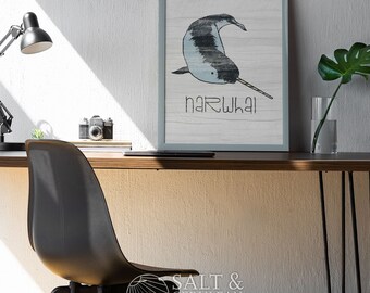 Narwhal Whimsical Rustic Illustration Art Print, hand drawn art