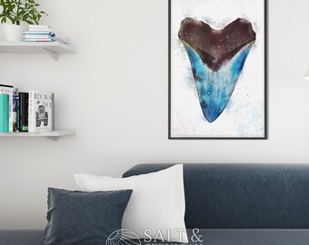 Blue Sharktooth Watercolor Painting Art Print, Unique Man Cave Wall Art