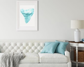 Teal Watercolor Shark Tooth Unique Painting Art Print