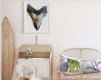 Meg Three megalodon tooth costal watercolor art print