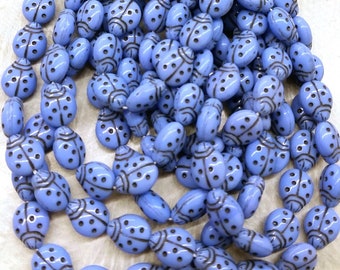 Light Blue and Black Ladybugs, Blue Bug Beads, Blue Czech Glass Bead Strands