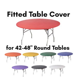 May include: A red fitted table cover on a round table, with the text "Fitted Table Cover for 42-48" Round Tables". Additional covers in orange, yellow, green, blue, purple, gray, white, and striped patterns are also shown.