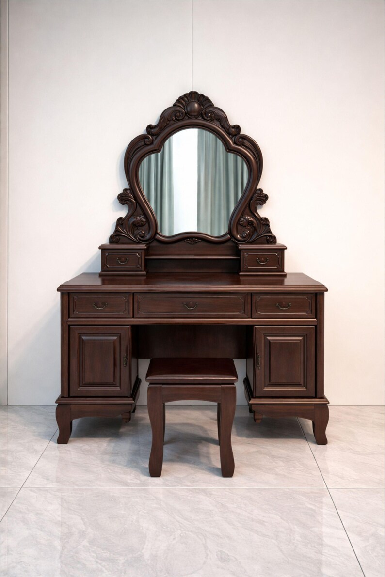 Dark Wood Vanity Table With Carved Mirror & Stool, Vintage Bedroom Desk ...